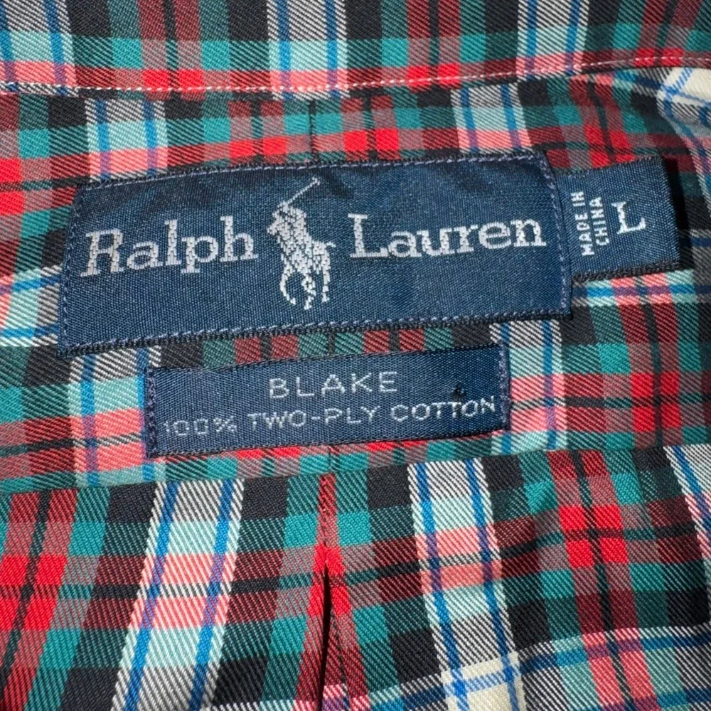 Polo Ralph Lauren‎ Blake Mens Large Plaid Button Down Shirt Red Green Cotton